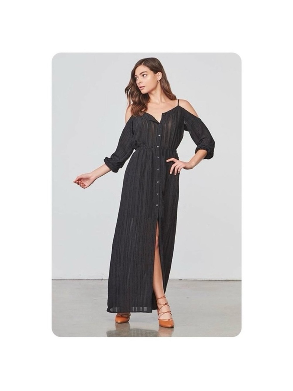 BB Dakota Black Cold-Shoulder Button-Front Maxi Dress